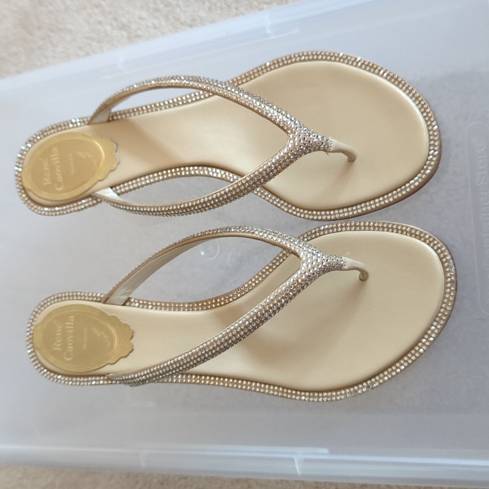 Rene Caovilla Gold Wedge Rhinestone Thong Sandals 37 - Picture 4 of 8
